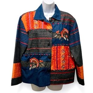 Coldwater Creek Embroidered & Embellished Orange Blue Denim Jacket